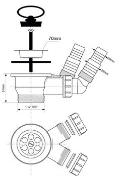 Выпуск для сифона с двумя носиками McALPINE 1 1/2" с нержавеющей решеткой D=70мм (MRSKW2-WM) - фото 37416