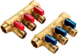 Коллектор Tiemme NINO 3/4" х 3 выхода x 1/2" HP с шаровыми кранами, красные ручки, серия 1822СР, под прокладку