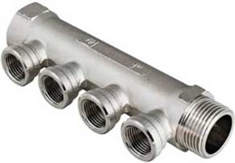 Коллектор Valtec нерегулируемый 1" (Вр-Нр), 4 вых х 1/2" Вр, межосев. рас. 36 мм