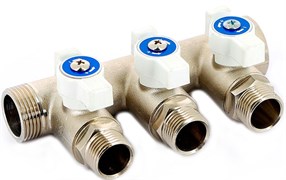 Коллектор с шаровыми кранами никелированный Uni-Fitt 3/4" (ВР-НР) x 2 выхода x 1/2" НР, под евроконус