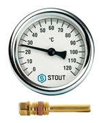 Термометр биметаллический Stout ф 63 мм, гильза 50 мм, t 120°, резьба с самоуплотнением