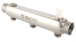 Коллектор Valtec нерегулируемый 1" (Вр) из нержавеющей стали, 6 вых х 1/2" Нр, межосев. рас. 100 мм